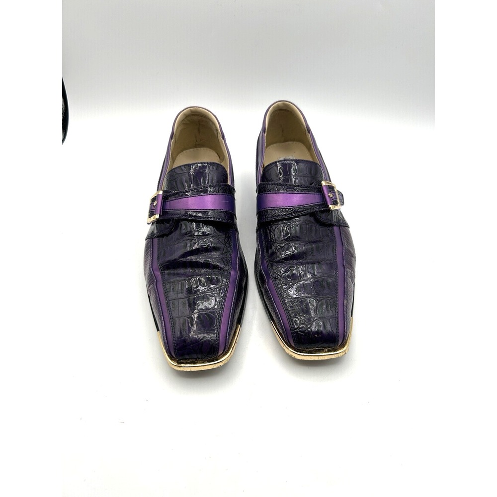 Hugo Vitelli Dress Shoes Men 11 Purple Embossed Gold Toe Monk Strap Square Toe